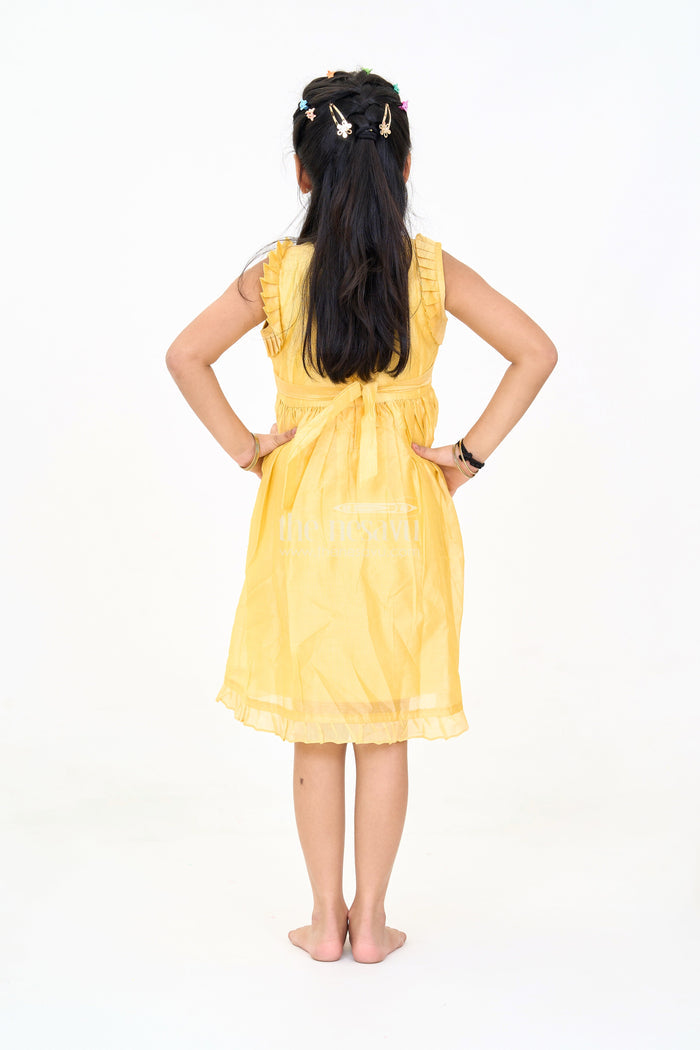 The Nesavu Girls Chanderi Frock Mustard Chanderi Cotton Frock for Girls with Bird Embroidery – Festive and Casual Dress Nesavu Mustard Chanderi Cotton Frock Girls Bird Embroidery Perfect Festive Events Nesavu