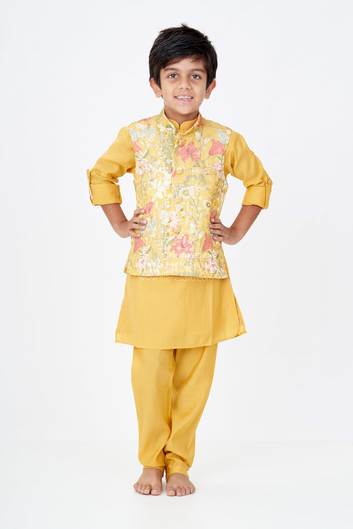 The Nesavu Boys Kurtha Set Mustard Yellow Kurta with Floral Printed Nehru Jacket and Matching Pants for Boys Nesavu Nesavu Mustard Yellow Kurta Set Floral Printed Nehru Jacket Matching Pants Boys