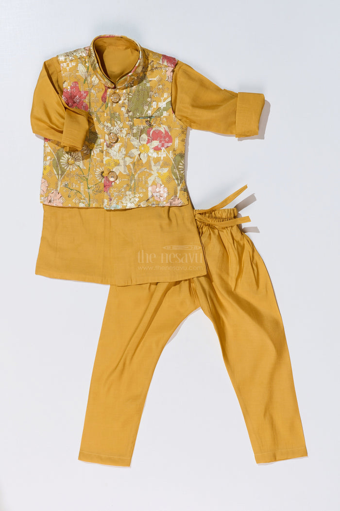 The Nesavu Boys Kurtha Set Mustard Yellow Kurta with Floral Printed Nehru Jacket and Matching Pants for Boys Nesavu Nesavu Mustard Yellow Kurta Set Floral Printed Nehru Jacket Matching Pants Boys