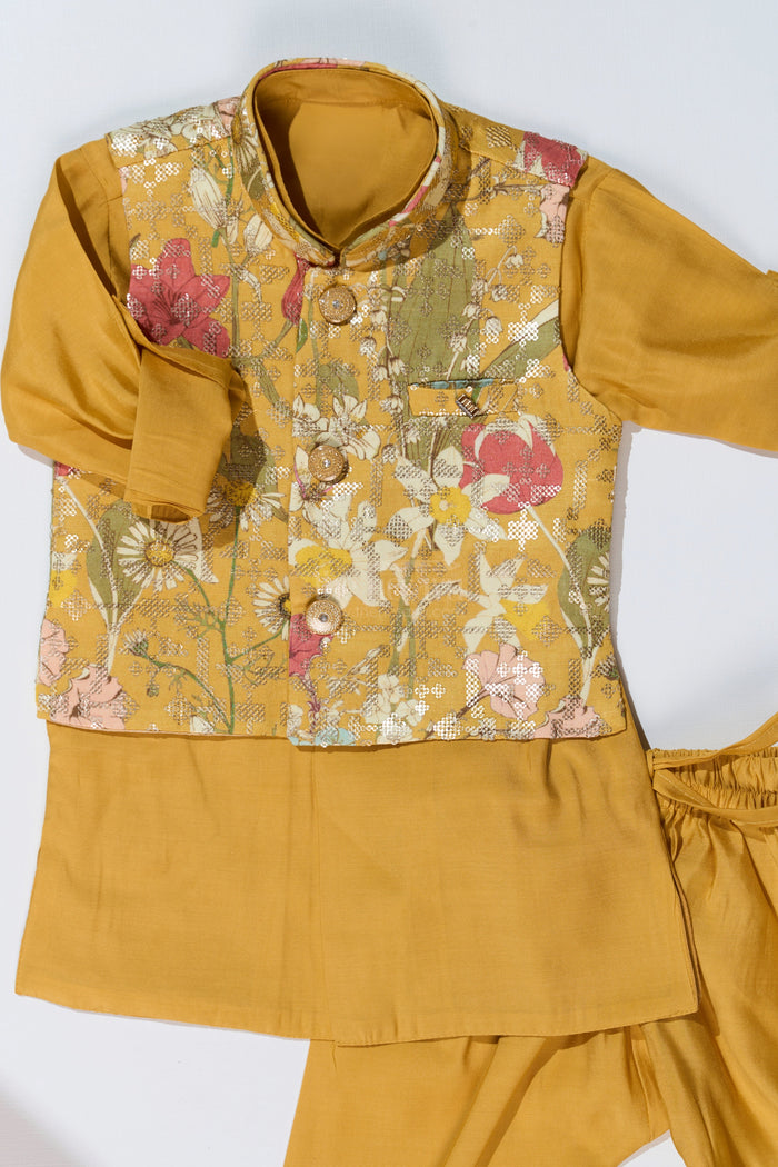 The Nesavu Boys Kurtha Set Mustard Yellow Kurta with Floral Printed Nehru Jacket and Matching Pants for Boys Nesavu Nesavu Mustard Yellow Kurta Set Floral Printed Nehru Jacket Matching Pants Boys