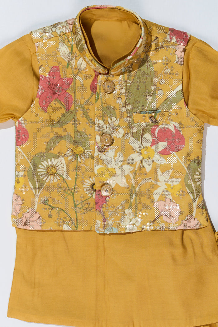 The Nesavu Boys Kurtha Set Mustard Yellow Kurta with Floral Printed Nehru Jacket and Matching Pants for Boys Nesavu Nesavu Mustard Yellow Kurta Set Floral Printed Nehru Jacket Matching Pants Boys