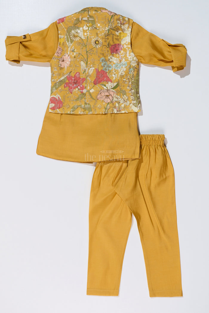 The Nesavu Boys Kurtha Set Mustard Yellow Kurta with Floral Printed Nehru Jacket and Matching Pants for Boys Nesavu Nesavu Mustard Yellow Kurta Set Floral Printed Nehru Jacket Matching Pants Boys