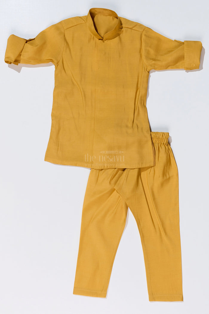 The Nesavu Boys Kurtha Set Mustard Yellow Kurta with Floral Printed Nehru Jacket and Matching Pants for Boys Nesavu Nesavu Mustard Yellow Kurta Set Floral Printed Nehru Jacket Matching Pants Boys