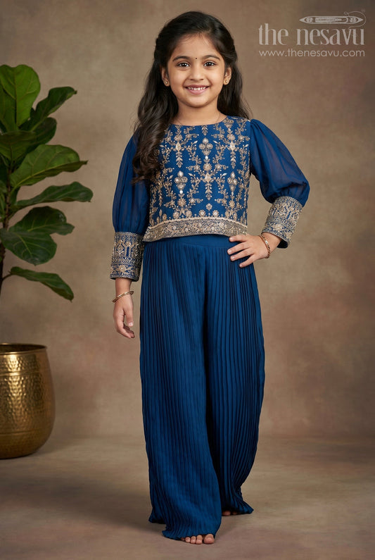 The Nesavu Girls Sharara / Plazo Set Mystic Blue Elegance: Girls Crop Top with Palazzo Pant Set Nesavu 24 (5Y) / Blue / Blend Silk GPS187B-24 Mystic Blue Elegance - Girls Crop Top and Palazzo Set | The Nesavu