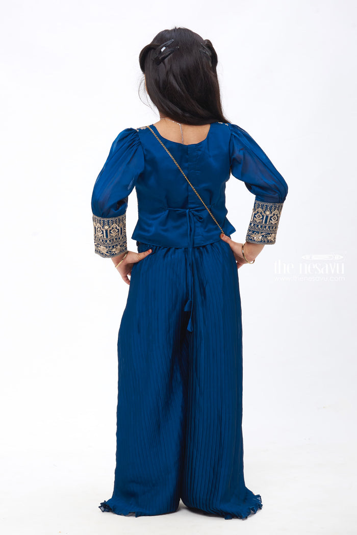 The Nesavu Girls Sharara / Plazo Set Mystic Blue Elegance: Girls Crop Top with Palazzo Pant Set Nesavu Mystic Blue Elegance - Girls Crop Top and Palazzo Set | Embroidered Ensemble with Matching Bag | The Nesavu