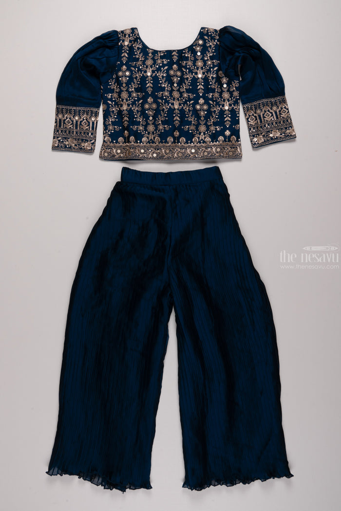 The Nesavu Girls Sharara / Plazo Set Mystic Blue Elegance: Girls Crop Top with Palazzo Pant Set Nesavu 24 (5Y) / Blue / Blend Silk GPS187B-24 Mystic Blue Elegance - Girls Crop Top and Palazzo Set | Embroidered Ensemble with Matching Bag | The Nesavu