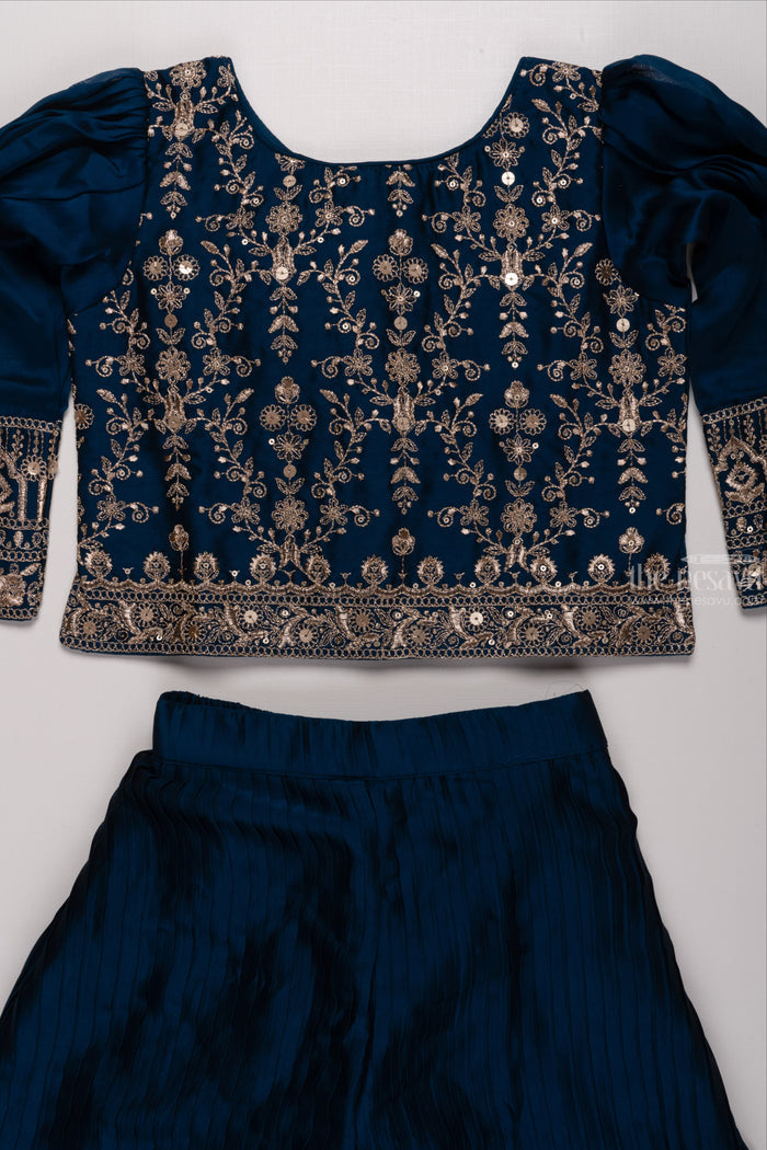 The Nesavu Girls Sharara / Plazo Set Mystic Blue Elegance: Girls Crop Top with Palazzo Pant Set Nesavu Mystic Blue Elegance - Girls Crop Top and Palazzo Set | Embroidered Ensemble with Matching Bag | The Nesavu