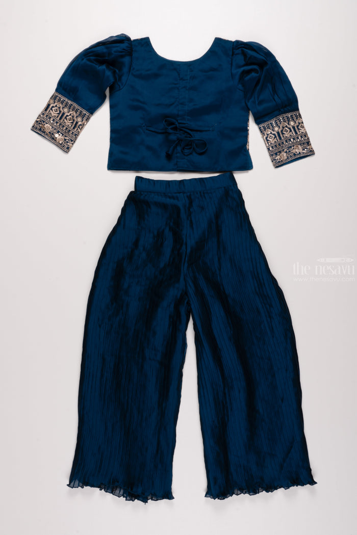 The Nesavu Girls Sharara / Plazo Set Mystic Blue Elegance: Girls Crop Top with Palazzo Pant Set Nesavu Mystic Blue Elegance - Girls Crop Top and Palazzo Set | Embroidered Ensemble with Matching Bag | The Nesavu