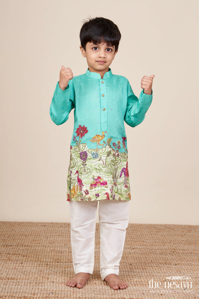 The Nesavu Boys Kurtha Set Nature-Themed Embroidered Kurta Pajama Set for Boys Ideal for Poojas and Festive Dressing Nesavu Nesavu boys scenic embroidery kurta pajama set digital print festive occasions