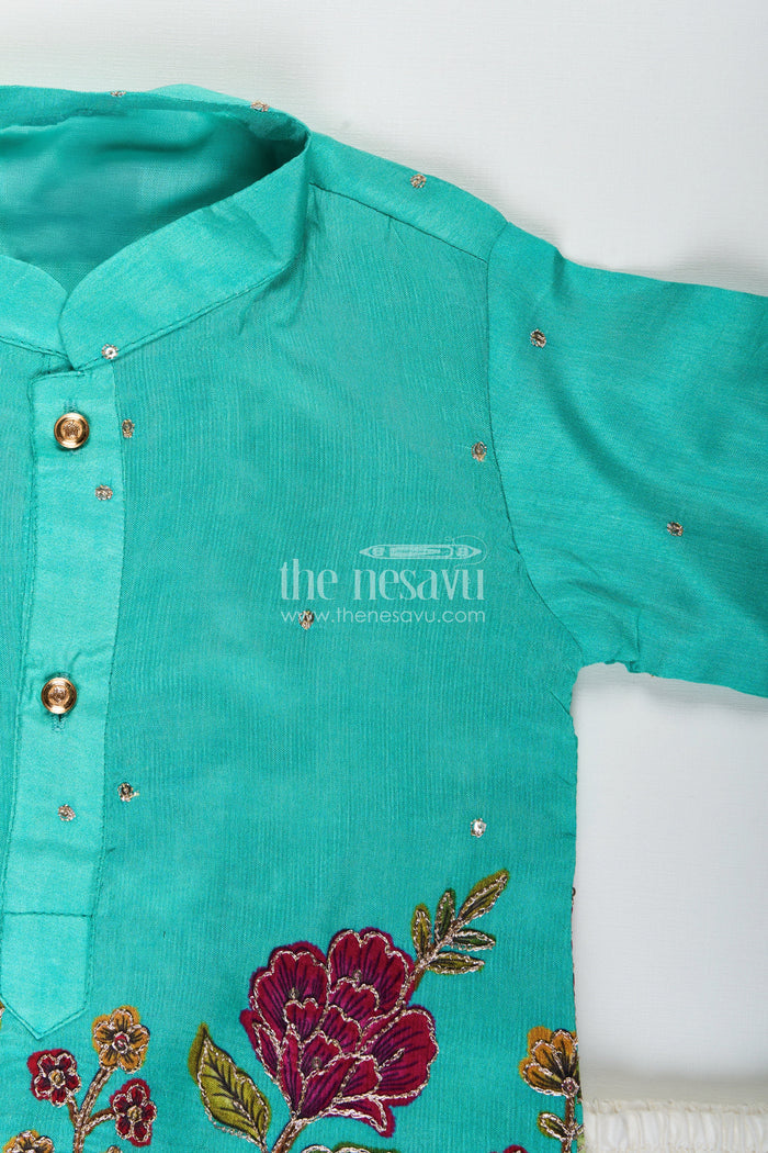 The Nesavu Boys Kurtha Set Nature-themed embroidered kurta pajama set for boys – ideal for poojas and festive dressing Nesavu Nesavu boys scenic embroidery kurta pajama set digital print festive occasions