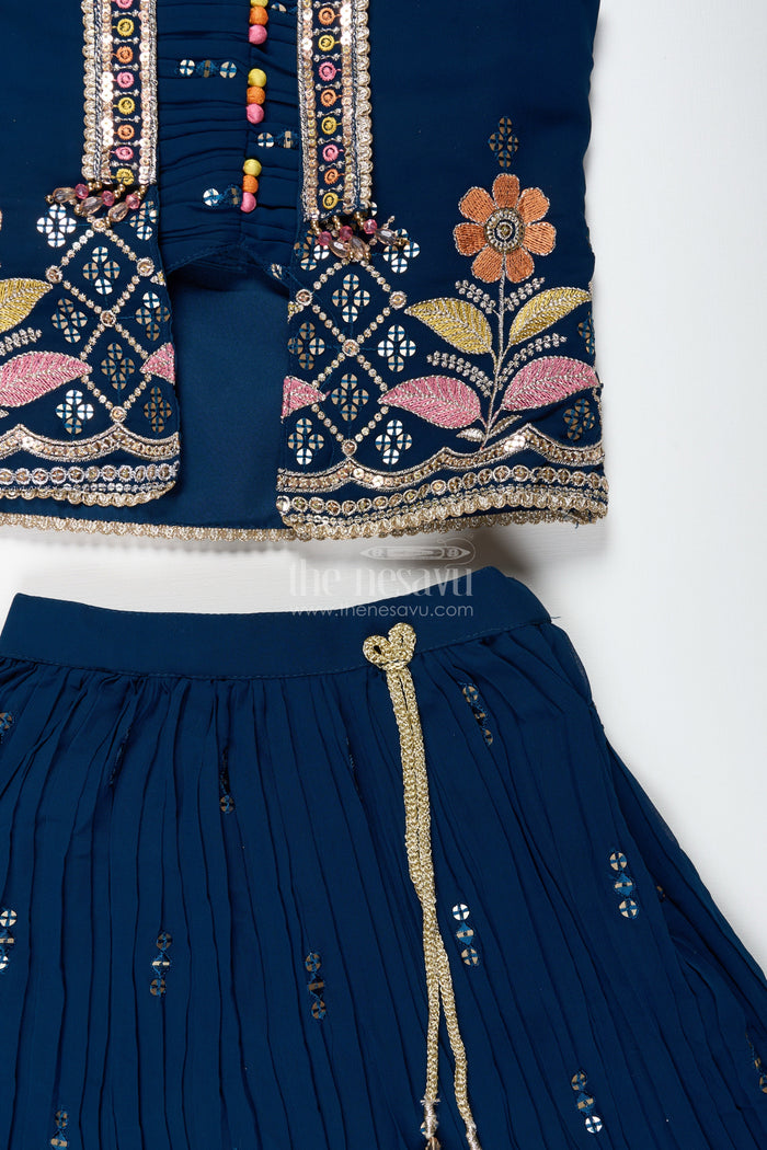 The Nesavu Girls Lehenga Choli Navy Blue Lehenga Choli for Toddler Girl with Floral Embroidery Nesavu Nesavu Navy Blue Toddler Lehenga Choli Floral Embroidered Outfit Weddings Festivities