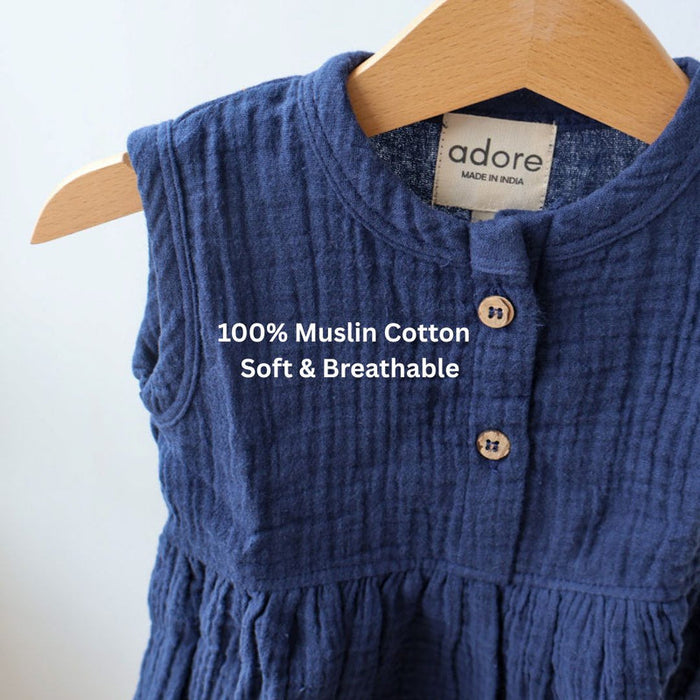 Navy Blue Organic Muslin Cotton Frocks (0-3 Years)