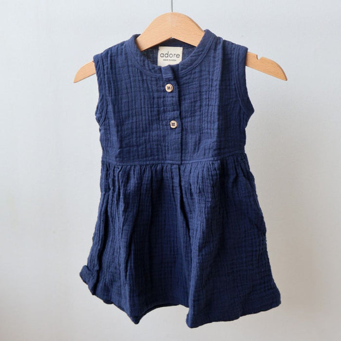 Navy Blue Organic Muslin Cotton Frocks (0-3 Years)