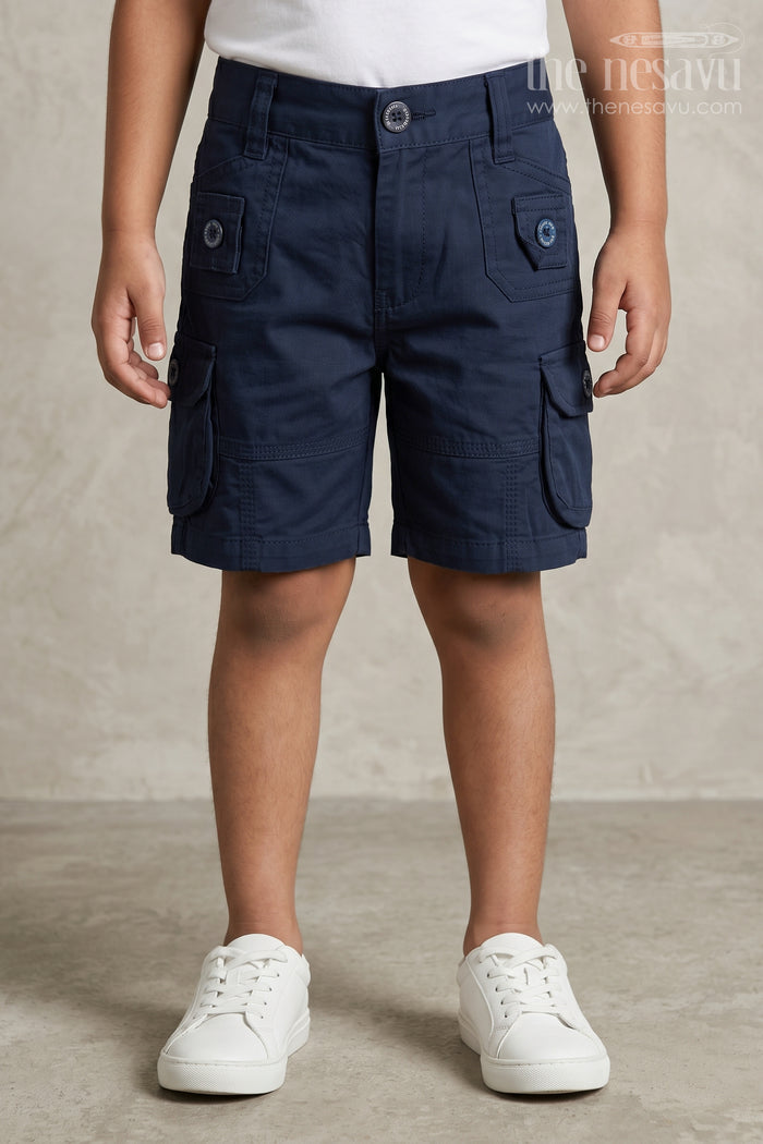 The Nesavu Boys Shorts Navy Cotton Boys Dress Shorts Nesavu 16 (1Y) / Blue BWS004E-16 Navy Cotton Boys Dress Shorts with Elastic Waist Back