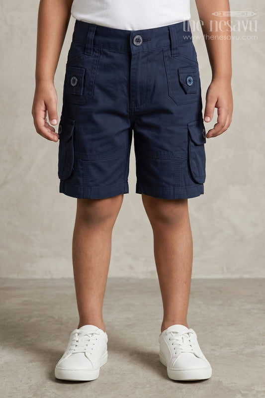 The Nesavu Boys Shorts Navy Cotton Boys Dress Shorts Nesavu 16 (1Y) / Blue BWS004E-16 Navy Cotton Boys Dress Shorts with Elastic Waist Back
