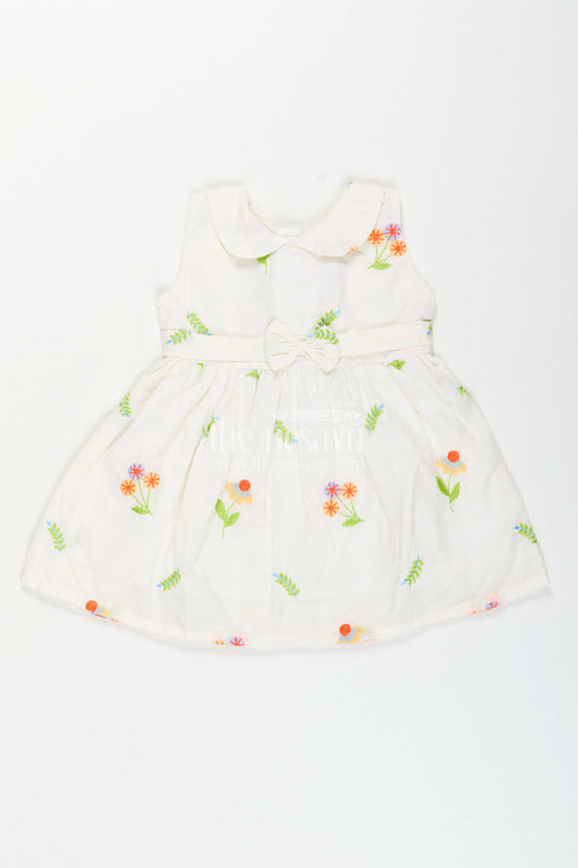The Nesavu Baby Cotton Frocks Nesavu cotton baby girl frock with pastel floral embroidery and peter pan collar Nesavu 14 (6M) / White BFJ854B-14 Nesavu cotton baby girl frock with pastel floral embroidery and peter pan collar