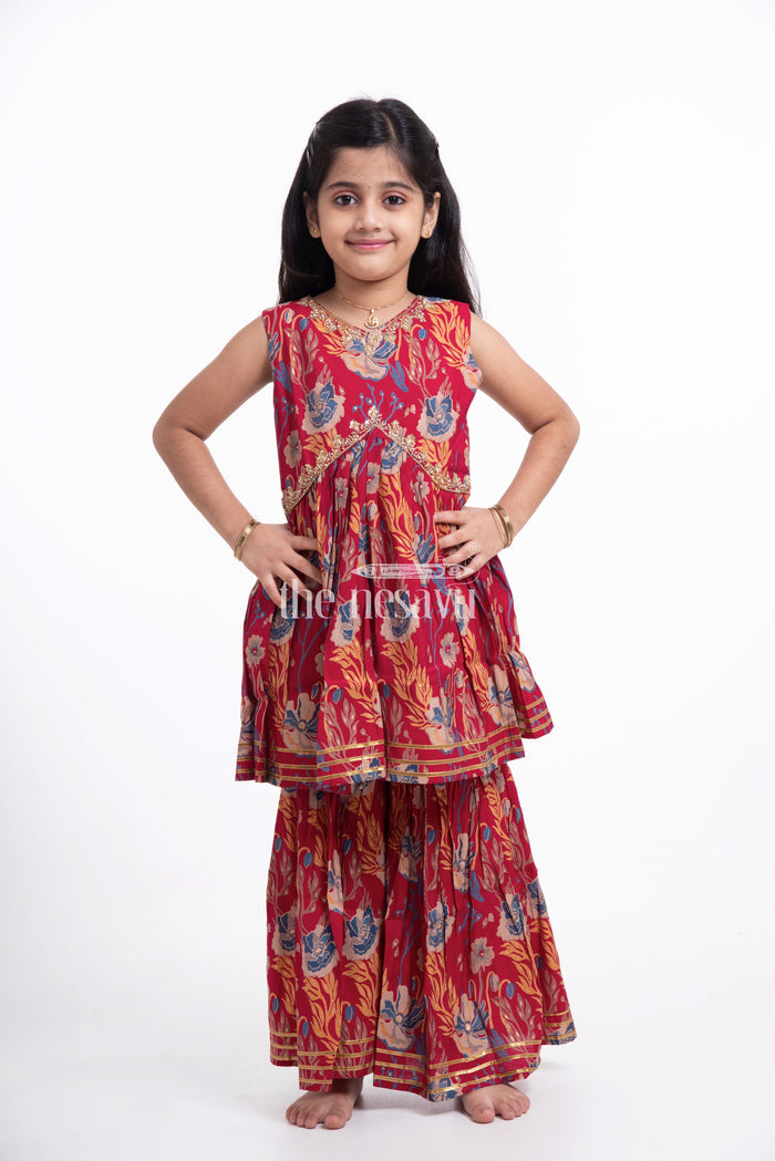 The Nesavu Girls Sharara / Plazo Set Nesavu Modal Silk Printed Daily Wear Sharara Plazo Suit for Girls Simple Festive Wear Nesavu 16 (1Y) / Maroon GPS311A-16 Modal Silk Daily Wear Sharara Plazo Suit for Girls Festive Wear | The Nesavu