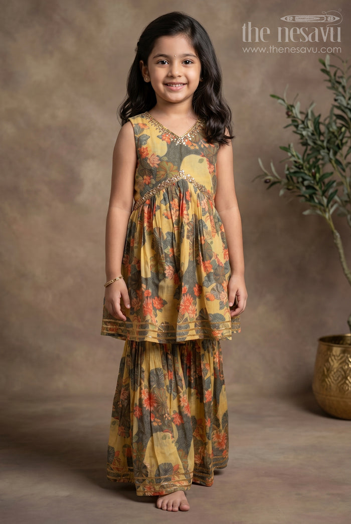 The Nesavu Girls Sharara / Plazo Set Nesavu Modal Silk Printed Sharara Plazo Dress Design for Girls Dussehra Special Hand Embroidered Nesavu 16 (1Y) / Yellow GPS312C-16 Modal Silk Sharara Plazo Dress Design for Girls Dussehra Special | The Nesavu