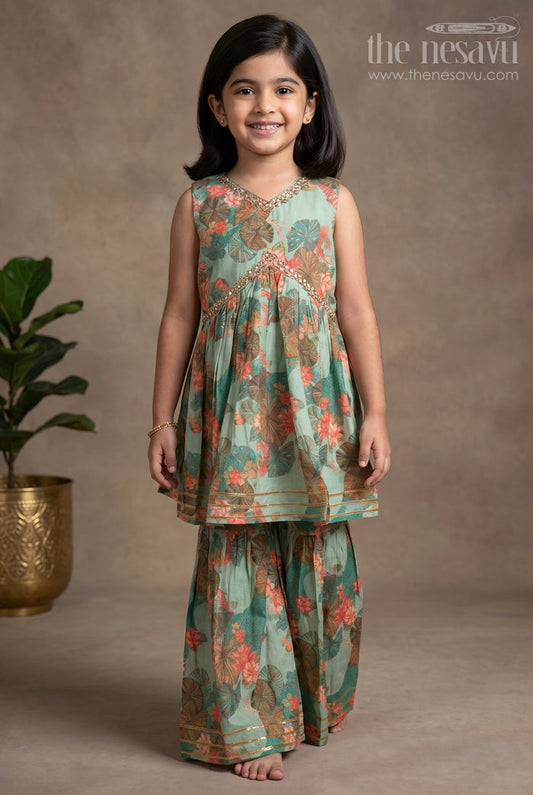 The Nesavu Girls Sharara / Plazo Set Nesavu Modal Silk Printed Sharara Plazo Dress for Girls Ganesh Chaturthi Festive Wear Nesavu 16 (1Y) / Teal GPS312D-16 Modal Silk Sharara Plazo Dress for Girls Ganesh Chaturthi Festive Wear | The Nesavu