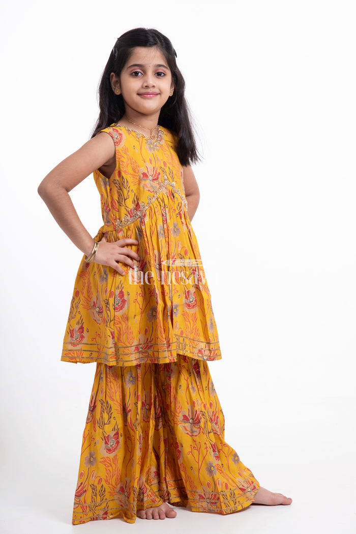 The Nesavu Girls Sharara / Plazo Set Nesavu Modal Silk Printed Sharara Plazo Dress for Girls Ganesh Chaturthi Special Nesavu 16 (1Y) / Yellow GPS311B-16 Modal Silk Sharara Plazo Dress for Girls Ganesh Chaturthi Special | The Nesavu