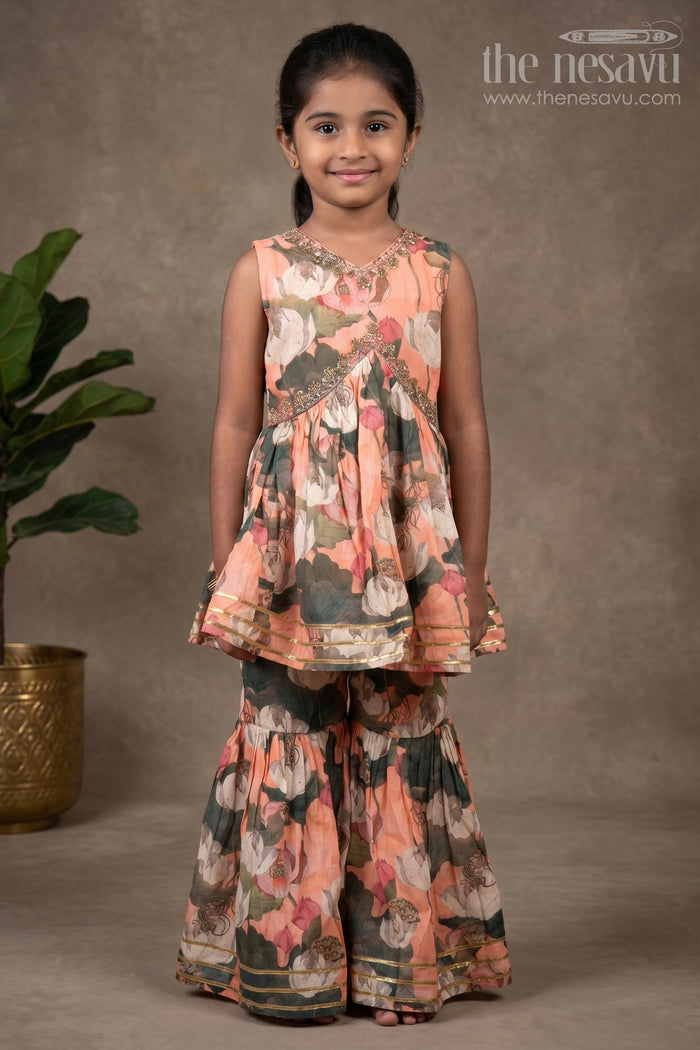 The Nesavu Girls Sharara / Plazo Set Nesavu Modal Silk Printed Sharara Plazo Dress with Top for Girls Diwali Special Hand Embroidered Outfit Nesavu 16 (1Y) / Orange GPS309C-16 Modal Silk Sharara Plazo Dress for Girls Diwali Special | The Nesavu