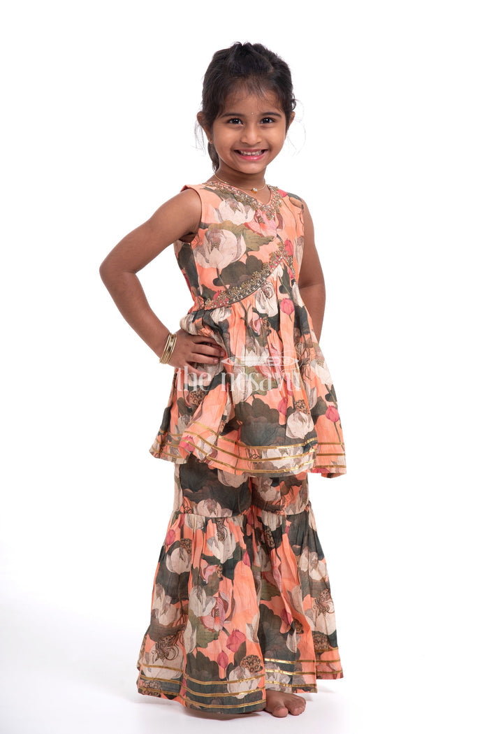 The Nesavu Girls Sharara / Plazo Set Nesavu Modal Silk Printed Sharara Plazo Dress with Top for Girls Diwali Special Hand Embroidered Outfit Nesavu 16 (1Y) / Orange GPS309C-16 Modal Silk Sharara Plazo Dress for Girls Diwali Special | The Nesavu