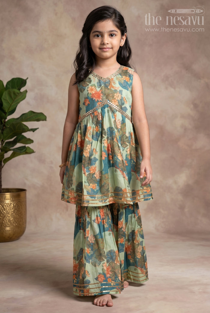The Nesavu Girls Sharara / Plazo Set Nesavu Modal Silk Printed Sharara Plazo Party Wear Dress for Girls Navratri Special Nesavu 16 (1Y) / Green GPS312B-16 Modal Silk Sharara Plazo Party Wear Dress for Girls Navratri Special | The Nesavu