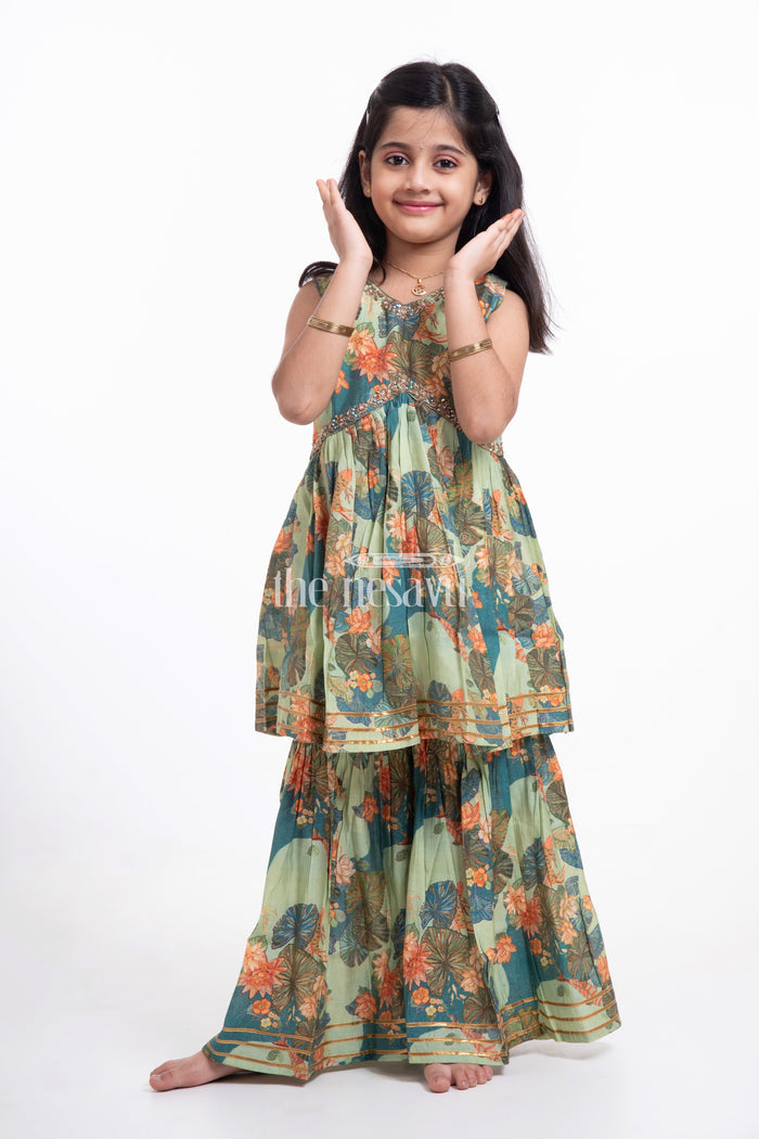 The Nesavu Girls Sharara / Plazo Set Nesavu Modal Silk Printed Sharara Plazo Party Wear Dress for Girls Navratri Special Nesavu Nesavu Modal Silk Sharara Plazo Party Wear Dress for Girls | Navratri Special