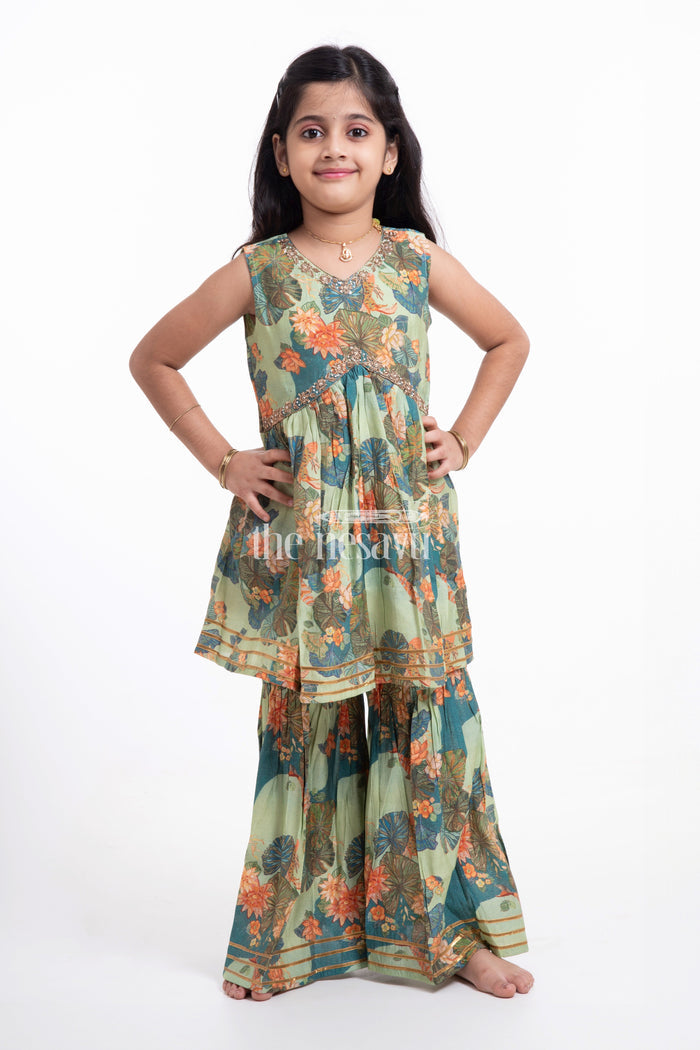 The Nesavu Girls Sharara / Plazo Set Nesavu Modal Silk Printed Sharara Plazo Party Wear Dress for Girls Navratri Special Nesavu Nesavu Modal Silk Sharara Plazo Party Wear Dress for Girls | Navratri Special