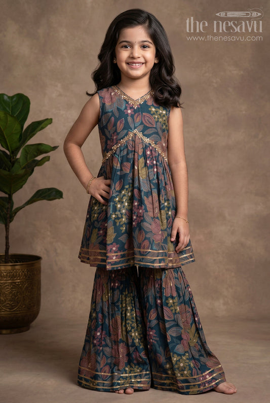 The Nesavu Girls Sharara / Plazo Set Nesavu Modal Silk Printed Sharara Plazo Top Dress for Girls Navratri Festive Wear Nesavu 16 (1Y) / Blue GPS310A-16 Modal Silk Sharara Plazo Top Dress for Girls Navratri Festive Wear | The Nesavu