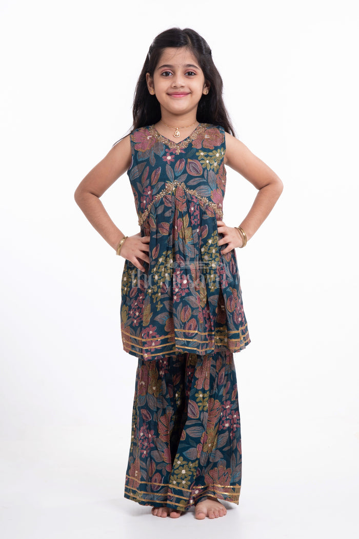 The Nesavu Girls Sharara / Plazo Set Nesavu Modal Silk Printed Sharara Plazo Top Dress for Girls Navratri Festive Wear Nesavu Nesavu Modal Silk Sharara Plazo Top Dress for Girls | Navratri Festive Wear