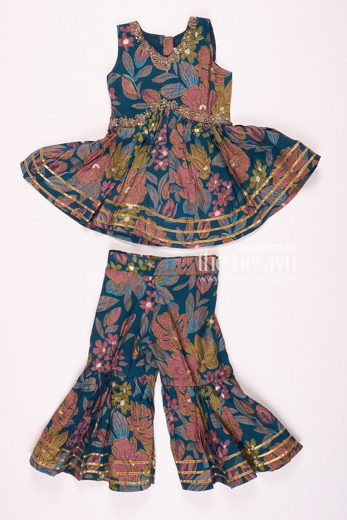 The Nesavu Girls Sharara / Plazo Set Nesavu Modal Silk Printed Sharara Plazo Top Dress for Girls Navratri Festive Wear Nesavu 16 (1Y) / Blue GPS310A-16 Nesavu Modal Silk Sharara Plazo Top Dress for Girls | Navratri Festive Wear