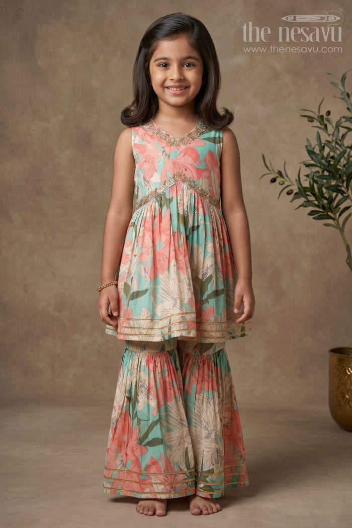 The Nesavu Girls Sharara / Plazo Set Nesavu Modal Silk Printed Sharara Suit Party Wear for Girls Navratri Festive Outfit Nesavu 16 (1Y) / Blue GPS314B-16 Modal Silk Sharara Suit Party Wear for Girls Navratri Festive Outfit | The Nesavu