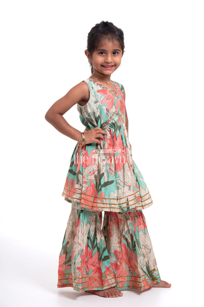 The Nesavu Girls Sharara / Plazo Set Nesavu Modal Silk Printed Sharara Suit Party Wear for Girls Navratri Festive Outfit Nesavu 16 (1Y) / Blue GPS314B-16 Modal Silk Sharara Suit Party Wear for Girls Navratri Festive Outfit | The Nesavu