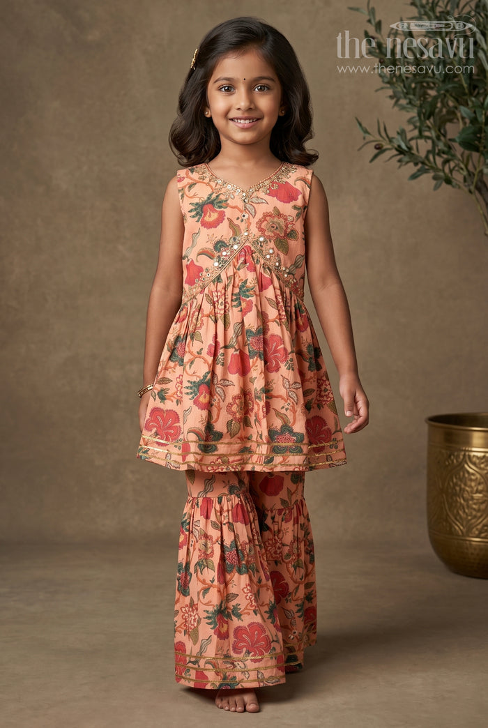 The Nesavu Girls Sharara / Plazo Set Nesavu Modal Silk Printed Sharara Top Dress for Girls Diwali Special Hand Embroidered Outfit Nesavu 16 (1Y) / Peach GPS307C-16 Modal Silk Printed Sharara Top Dress for Girls Diwali Special | The Nesavu