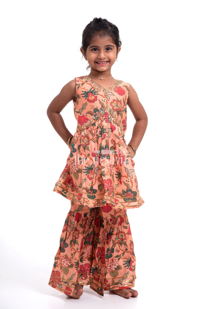 The Nesavu Girls Sharara / Plazo Set Nesavu Modal Silk Printed Sharara Top Dress for Girls Diwali Special Hand Embroidered Outfit Nesavu 16 (1Y) / Peach GPS307C-16 Modal Silk Printed Sharara Top Dress for Girls Diwali Special | The Nesavu