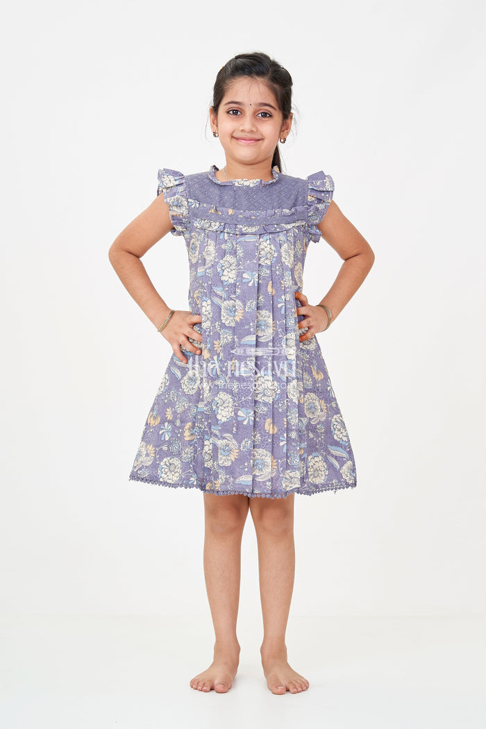 The Nesavu Girls Cotton Frock New Designer Frock for Girls in Navy Blue Floral Printed Cotton with Pleats and Ruffles Nesavu 22 (4Y) / Blue GFC1727A-22 Nesavu New Designer Frock Girls Navy Blue Floral Cotton Ruffles Embellished Yoke