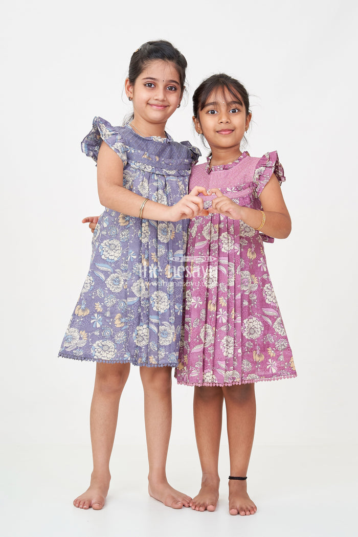 The Nesavu Girls Cotton Frock New Designer Frock for Girls in Navy Blue Floral Printed Cotton with Pleats and Ruffles Nesavu Nesavu New Designer Frock Girls Navy Blue Floral Cotton Ruffles Embellished Yoke