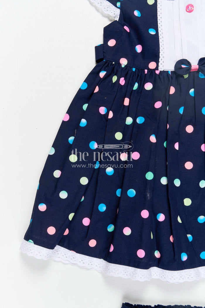 The Nesavu Baby Cotton Frocks Newborn Black Dress with Polka Dot Digital Print and Lace Trimmed Sleeves for Baby Girls Nesavu Nesavu Newborn Black Dress Multicolor Polka Dots Soft Cotton Lace Trim Baby Girls