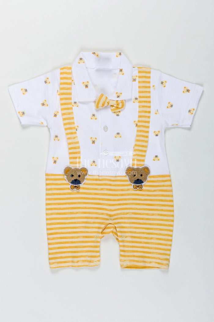 The Nesavu Baby Rompers/Onesies Newborn Boy Romper for Party in Yellow Striped Cotton Jersey with Bear Suspenders and Bow Tie Nesavu 12 (3M) / Yellow BCS317A-12 Nesavu Newborn Boy Romper Party Yellow Stripes Bear Suspenders Cotton Jersey Bow Tie