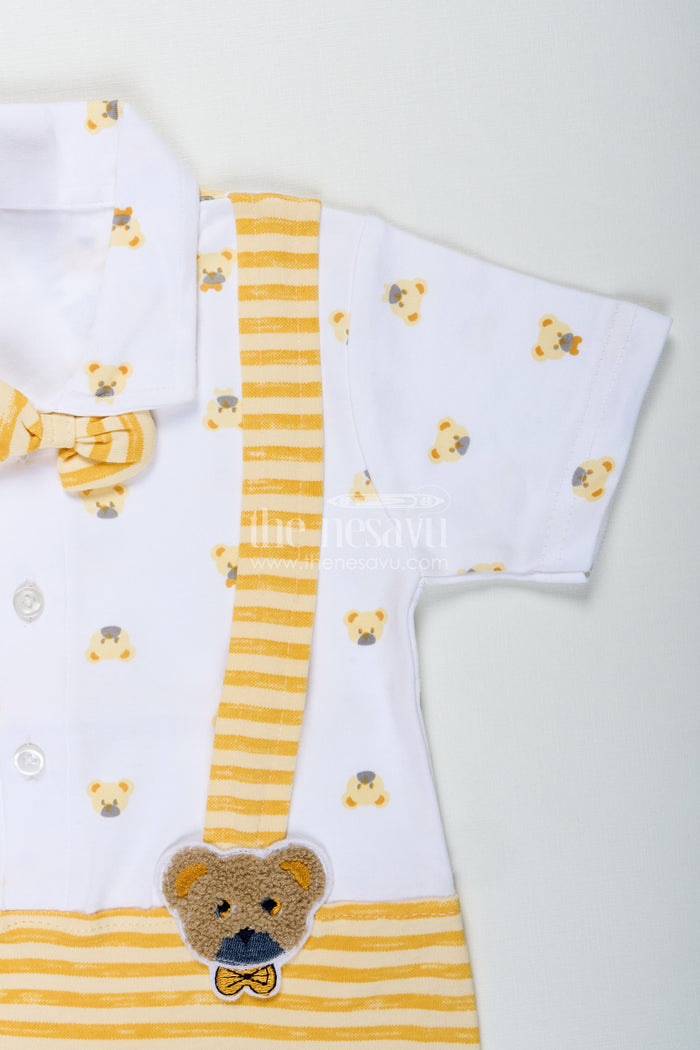 The Nesavu Baby Rompers/Onesies Newborn Boy Romper for Party in Yellow Striped Cotton Jersey with Bear Suspenders and Bow Tie Nesavu Nesavu Newborn Boy Romper Party Yellow Stripes Bear Suspenders Cotton Jersey Bow Tie