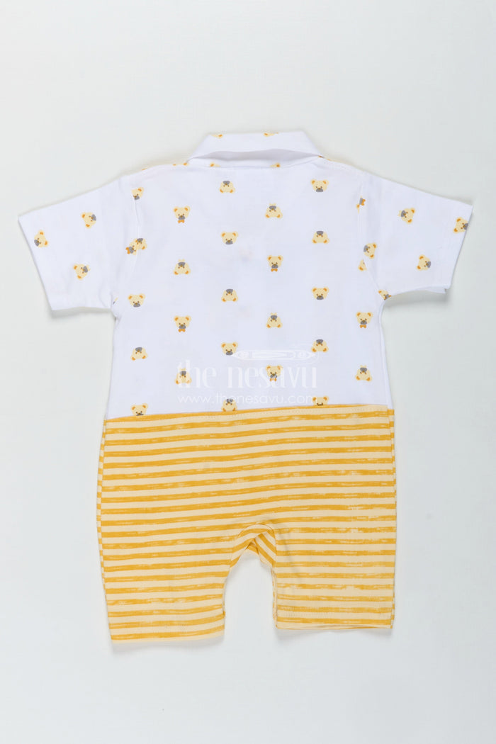 The Nesavu Baby Rompers/Onesies Newborn Boy Romper for Party in Yellow Striped Cotton Jersey with Bear Suspenders and Bow Tie Nesavu Nesavu Newborn Boy Romper Party Yellow Stripes Bear Suspenders Cotton Jersey Bow Tie