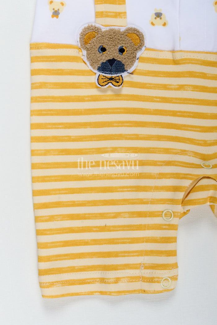 The Nesavu Baby Rompers/Onesies Newborn Boy Romper for Party in Yellow Striped Cotton Jersey with Bear Suspenders and Bow Tie Nesavu Nesavu Newborn Boy Romper Party Yellow Stripes Bear Suspenders Cotton Jersey Bow Tie