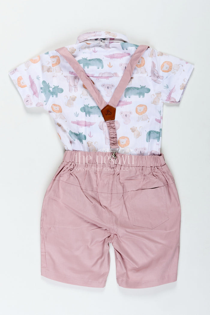 The Nesavu Boys Casual Set Newborn Cloth Set for Boys in Cotton with Animal Digital Print Shirt and Dusty Pink Shorts with Suspenders Nesavu Nesavu Newborn Cloth Set Boys Safari Animal Print Shirt Pink Shorts Bow Tie