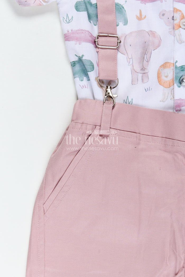 The Nesavu Boys Casual Set Newborn Cloth Set for Boys in Cotton with Animal Digital Print Shirt and Dusty Pink Shorts with Suspenders Nesavu Nesavu Newborn Cloth Set Boys Safari Animal Print Shirt Pink Shorts Bow Tie