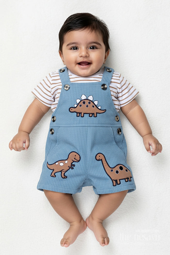 The Nesavu Boys Casual Set Newborn Dinosaur Set Outfit for Boys in Blue Corduroy Cotton with Dino Embellished Dungaree Nesavu 14 (6M) / Blue BCS294B-14 Nesavu Newborn Dinosaur Set Outfit Boys Blue Corduroy Cotton Fun Dino Patches