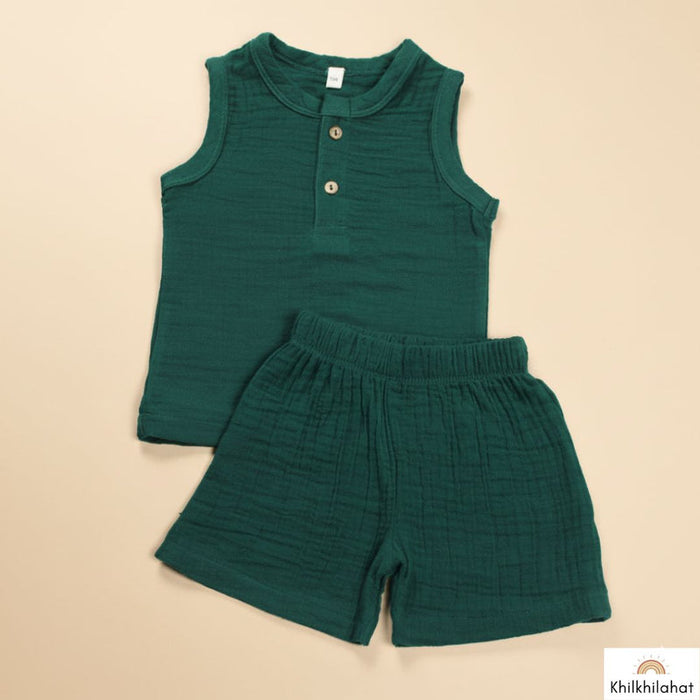 Olive Green Organic Muslin Cotton Sleeveless Tshirt and Shorts (6 Months – 4 Years)