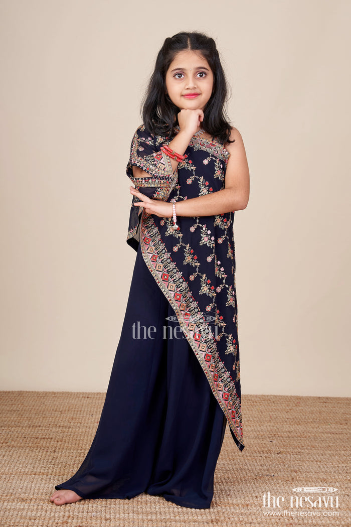 The Nesavu Girls Sharara / Plazo Set One-Shoulder Ethnic Plazo Set with Floral Embroidery Stylish Pick for Festive Occasions Nesavu 26 (6Y) / Blue GPS739A-26 One-shoulder embroidered plazo set girls  festive outfit Nesavu