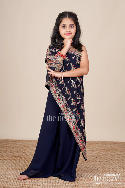 The Nesavu Girls Sharara / Plazo Set One-Shoulder Ethnic Plazo Set with Floral Embroidery Stylish Pick for Festive Occasions Nesavu 26 (6Y) / Blue GPS739A-26 One-shoulder embroidered plazo set girls  festive outfit Nesavu