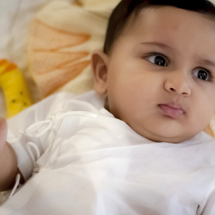 Organic Essential White Angrakha Top + Blue Chambray Pants (0-6 Months)
